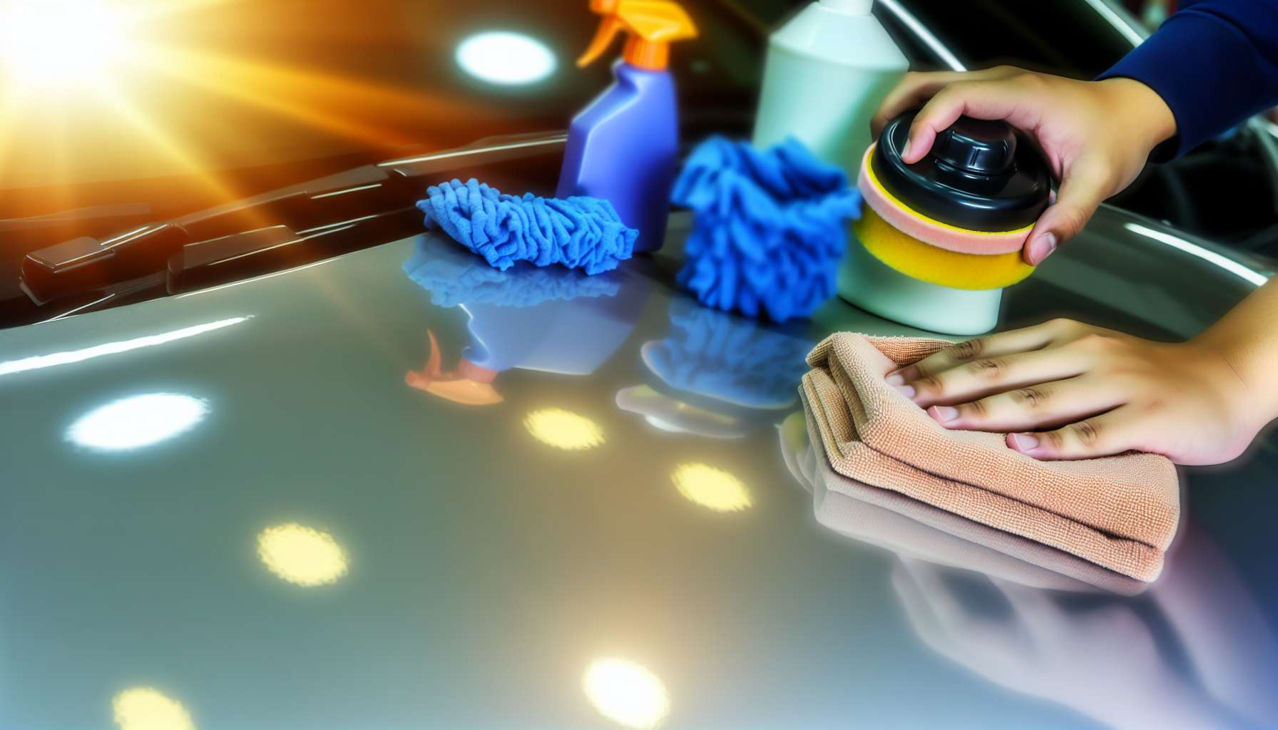 Eine Person poliert die Außenhaut eines Autos mit einem Poliertuch