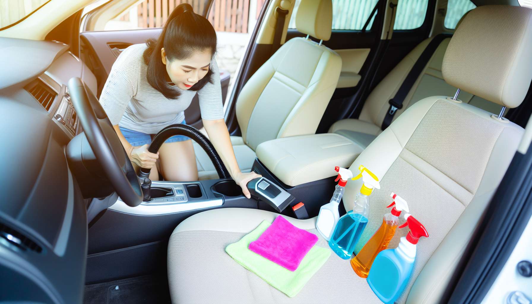 Eine Person reinigt den Innenraum eines Autos